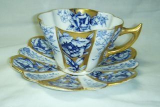 Antique Shelley Foley Wileman Snowdrop Shaped Cup & Saucer Blue Flowers & Gold