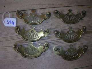 Set Of Six Antique Brass Drawer Handles (s94)