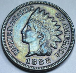 1888 Au Rainbow Toned Us Indian Head Penny Cent Antique U.  S.  Currency Money Coin