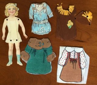 Vintage Antique 9 " Dennison Paper Doll W/ 4 Crepe Paper Clothes Dresses