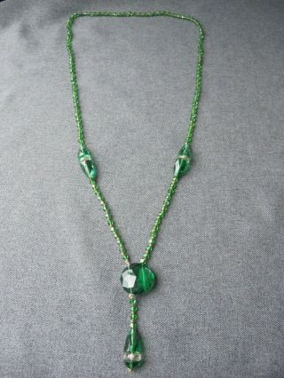 Antique Art Deco Flapper Green & Clear Faceted Crystal Lariat Necklace F/ Repair