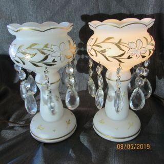 Antique Luster/mantle Lamps Hand Blown,  Hand Painted With Crystal Prisms