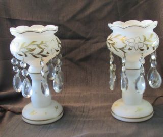 ANTIQUE Luster/Mantle Lamps Hand Blown,  Hand Painted with Crystal Prisms 2