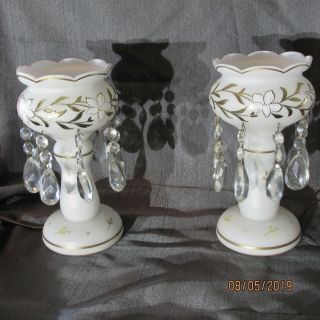 ANTIQUE Luster/Mantle Lamps Hand Blown,  Hand Painted with Crystal Prisms 5