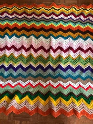 Vintage Chevron Knit Afghan Throw Blanket Crochet Zig Zag Wool 1970s Boho Hippie