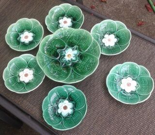 7 Piece Antique Majolica 3 Feet Cake Plate Holdcroft Water Lily 6 Plates