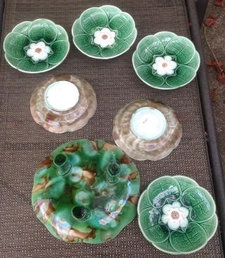 7 Piece Antique Majolica 3 Feet CAKE Plate Holdcroft Water Lily 6 Plates 2