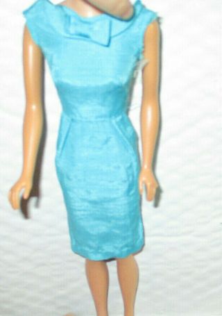 Vintage Mattel Barbie Fashion Pak Teal/blue Silk Sheath Dress W/bow 1962 - 1963