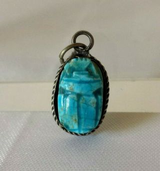 Antique Egyptian Scarab Beetle Blue Bead Sterling Set Lucky Pendant