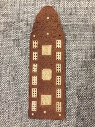 Antique Chinese Carved Wood And Bone Inlay Cribbage Board 9” X 3”