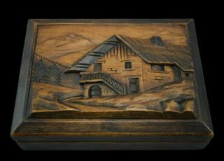 Black Forest Mountain Ski Cabin Carved Wood Box Signed Folk Art Jewely Trinket