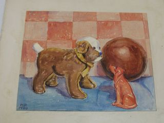 Antique Watercolor Painting Of Stuffed Dog Toys And A Ball Dated 1929