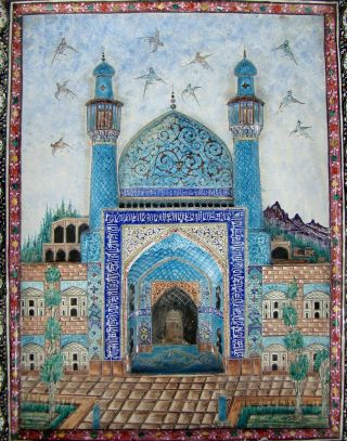 & Antique Islamic Mosque Large Hand Painted Enamel Copper Plaque