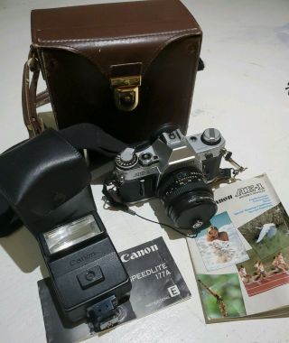 Canon Ae - 1 35mm Film Slr Camera 50mm Lens Speedlite Antique Brown Leather Case