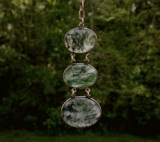 Antique Moss Agate Watch Fob Rose Gold Filled Chain 14k Clasp 3 Bezel Set Stones