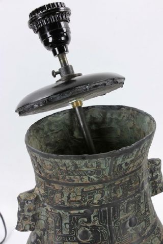 A Large Chinese Qing Dynasty Bronze Gu Vase Lamps. 7