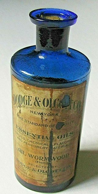 Antique Cobalt Bottle Dodge & Olcott Medicine Oil Wormwood Label Essential Oils
