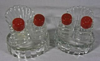 Vintage Set 2 Sea Shell Clam Glass 3 Piece Salt & Pepper Shaker Set Red Tops