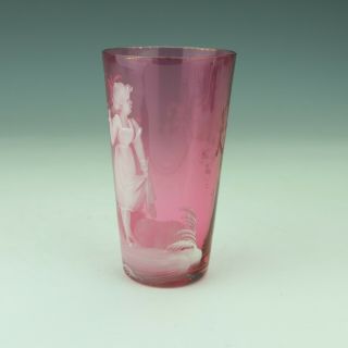 Antique Mary Gregory Cranberry Glass - Enamelled Young Girl Decorated Beaker 4