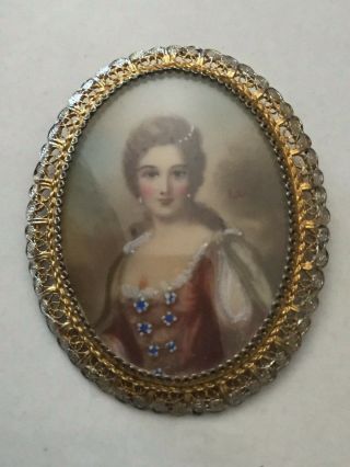 Victorian Antique 2 " Painted Cameo Oval Portrait Pin Brooch Pendant