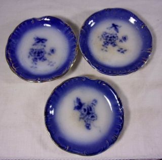 Antique Flow Blue Porcelain Petite Plate Floral Set 3 Gold Gilt Trim Lovely Sgd