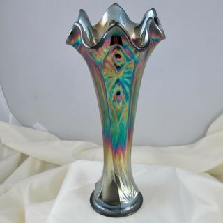 Fenton Art Carnival Glass Paneled Diamonds Bows Vase Antique Black Amethyst