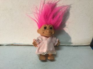 Vintage Russ Troll Doll Toy w/ Pink Hair & Pink Dress 2