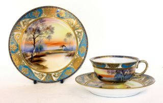 Antique Noritake Hand - Painted Porcelain Trio,  Sunset Landscape,  Raised Gilding