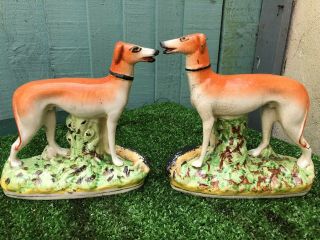 Pair: 19thc Staffordshire Greyhound Dogs With Rabbits To Bases C1880s