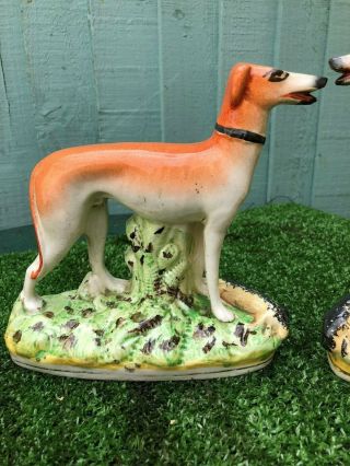 PAIR: 19thC STAFFORDSHIRE GREYHOUND DOGS WITH RABBITS TO BASES c1880s 2