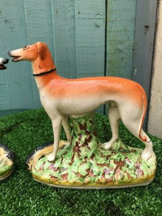PAIR: 19thC STAFFORDSHIRE GREYHOUND DOGS WITH RABBITS TO BASES c1880s 3