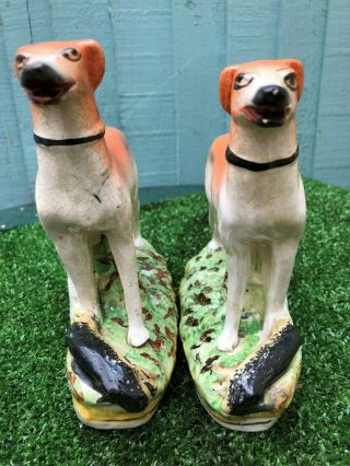 PAIR: 19thC STAFFORDSHIRE GREYHOUND DOGS WITH RABBITS TO BASES c1880s 5