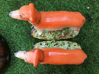 PAIR: 19thC STAFFORDSHIRE GREYHOUND DOGS WITH RABBITS TO BASES c1880s 8