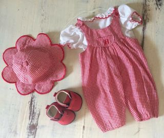 American Girl Bitty Baby Playtime Overalls Blouse & Hat Red & White Gingham
