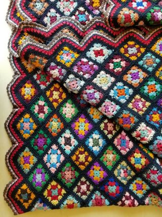 Vintage Wool Black Granny Square Afghan Throw 48x78 Handmade Circa 1930