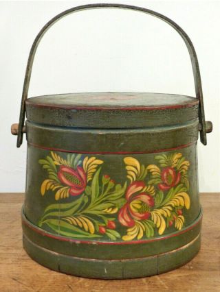 Antique 1900s Wood Firkin Sugar Bucket Fingers Folk Art Painted 2