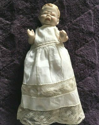 Shackman (?) Vintage Bisque 5 " Crying Baby Doll Jointed Christening Dress