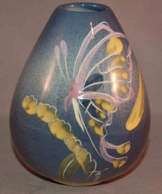 Hand Painted Artist Signed Mid - Century Modern Art Pottery Butterfly Vase