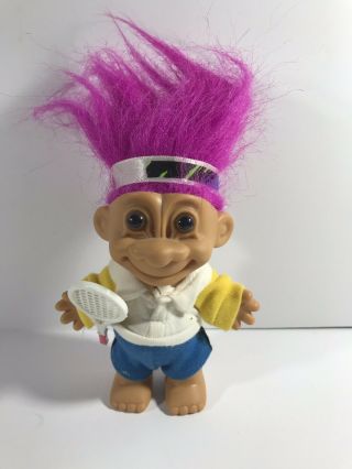 Tennis Player Vintage Troll Doll By Russ With Racket Purple Hair And Outfit 4 "