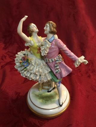 Dresden Porcelain Lace Figurine Pmr Ballerina Dancing W/ Gentleman