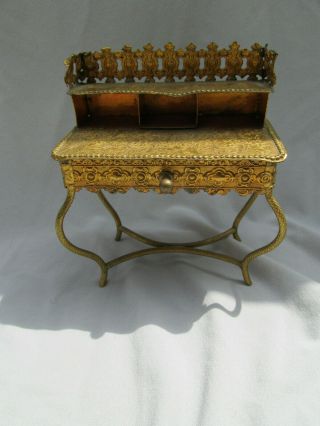 Vintage Gold Tone Filigree Metal Dollhouse Desk Furniture