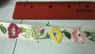 8 Yards Of Antique Ribbon Trim In Pink & Yellow Embroidered Flowers.  3/4 " Wide