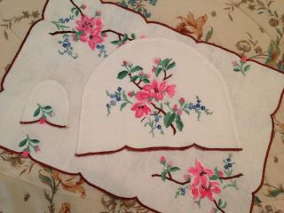 Vintage Hand Embroidered Breakfast Set Tray Cloth,  Tea Cosy And Egg Cover