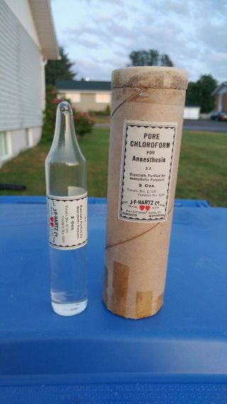 Old Pure Chloroform Anesthesia Glass Ampoule 2 Ozs.  J.  F.  Hartz Co.  Apothecary