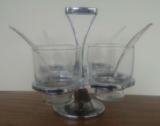 Vintage Mid Century Modern Chrome Teak Wood Danish 4 Glass Jar Condiment Set