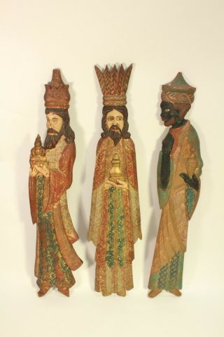 Antique Hand Painted Folk Art Carved Wood 3 Wise Men Xmas Nativity Panel Plaques