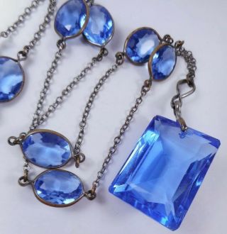 Antique Art Deco Bezel Set Bright Blue Glass Crystal Necklace Huge Pendant Czech