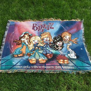 Vintage Bratz Dolls Fringed Tapestry Throw Blanket 56.  5” X 41” Cartoons 2000’s