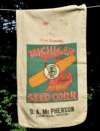 Antique Indian Feed Sack Bag Grain Farming Vintage Hybrid Seed Michigan Corn