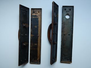 Antique Russwin 16 Inch Double Entry Door Brass Push Pull Plates & Lock 4